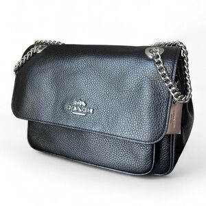 COACH Black Pebbled Leather Flap Shoulder Bag with Silver Chain